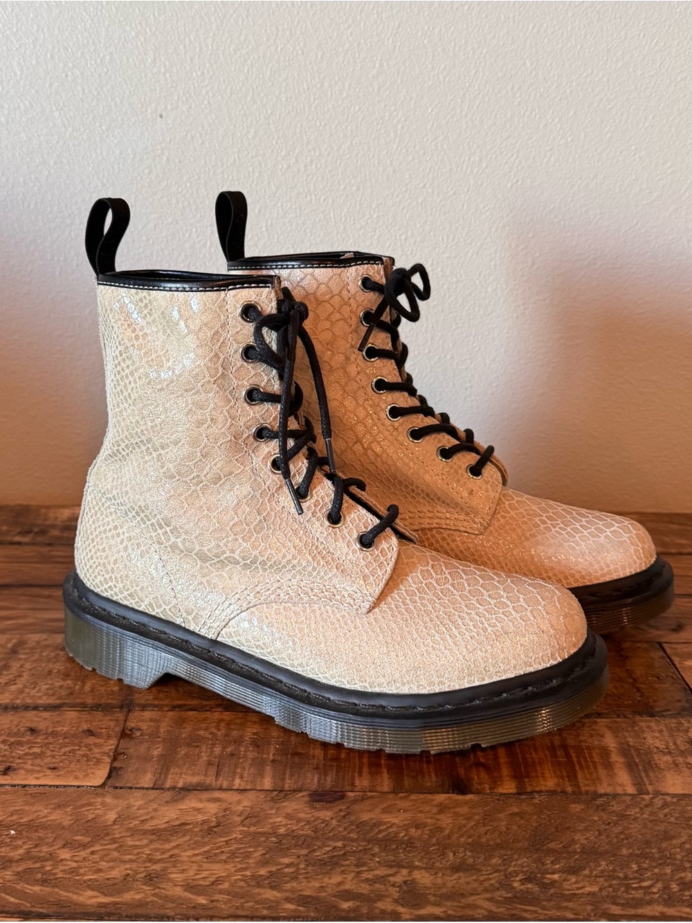 Dr. Martens Beige Snakeskin Lace-Up Combat Boots Size 7